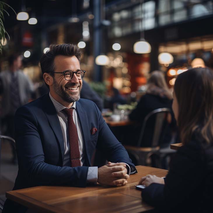 smiling-man-suit-cafe-conversation