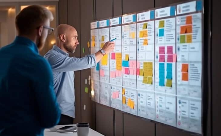 men-analyzing-scrum-tasks-wall