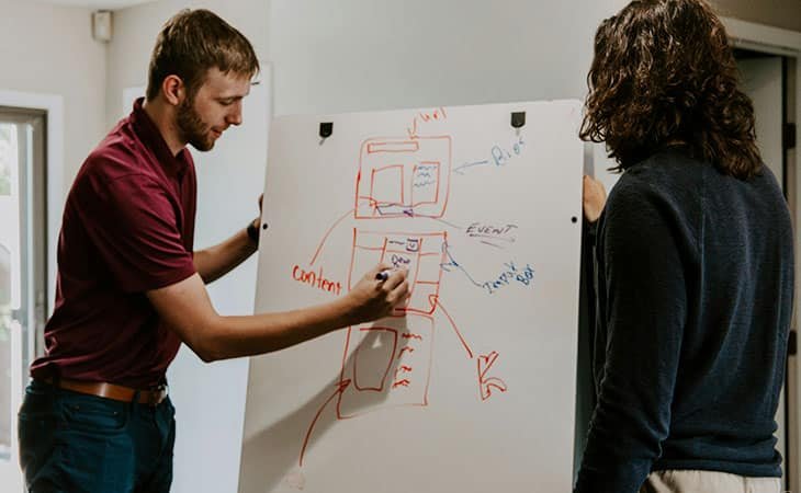 man explains something to a woman using white board