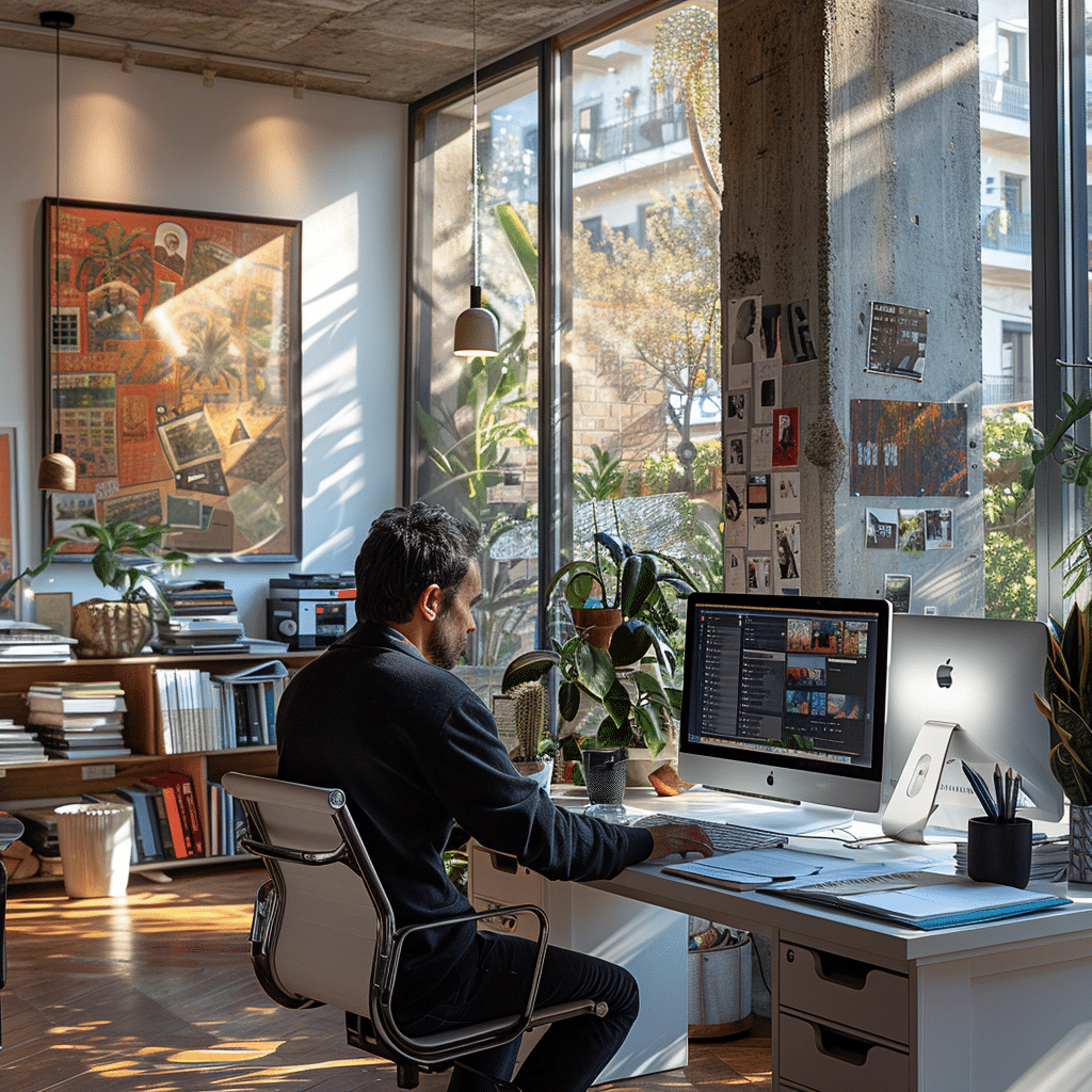 man in the office seated using a computer