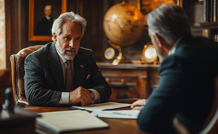 a man talking to another man in a classic office