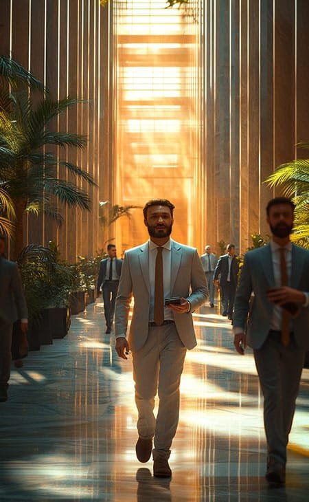 confident man walking with more people through a corridor