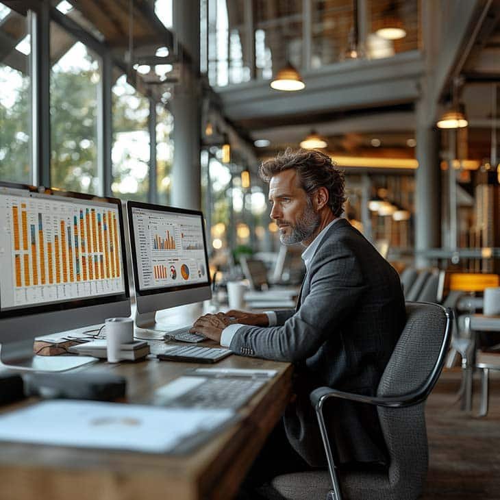 man looking at data that shows on his computer screen