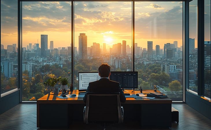 man working at a table with skyline views