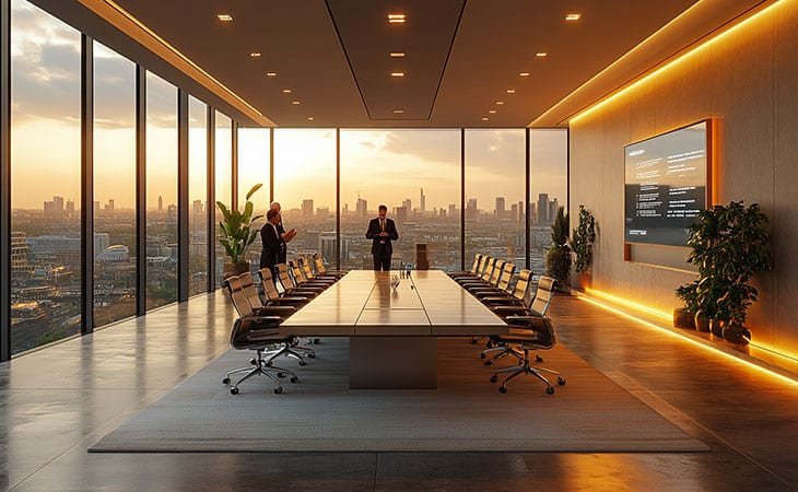people applauding a man in a big meeting room