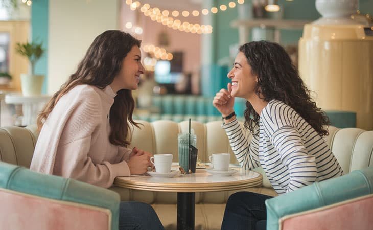 two women at a cafe smiling and talking