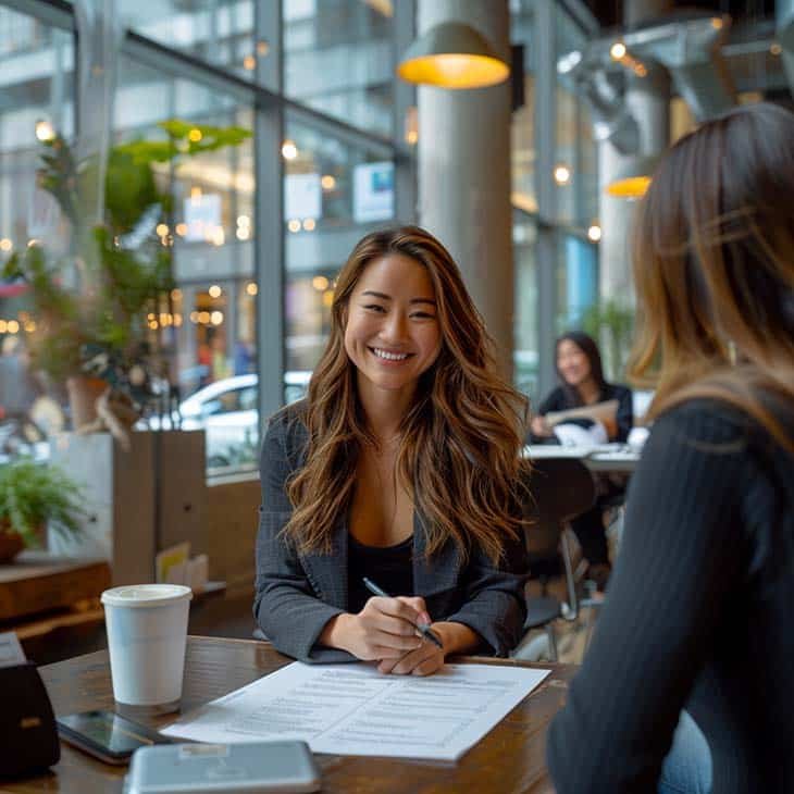 two women having a meeting smilling and signing papers