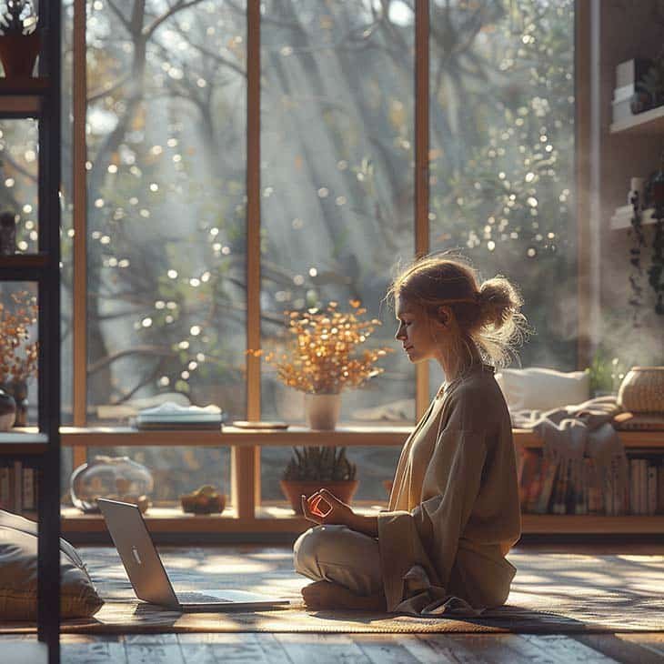 woman meditating and a laptop in front of her