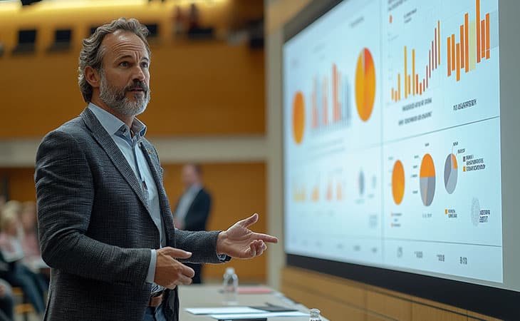 a businessman talking about charts