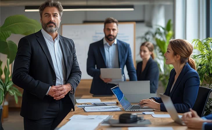 a group of business people working in an office