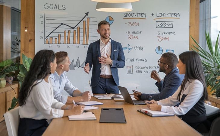 businessman giving a speech to his coworkers