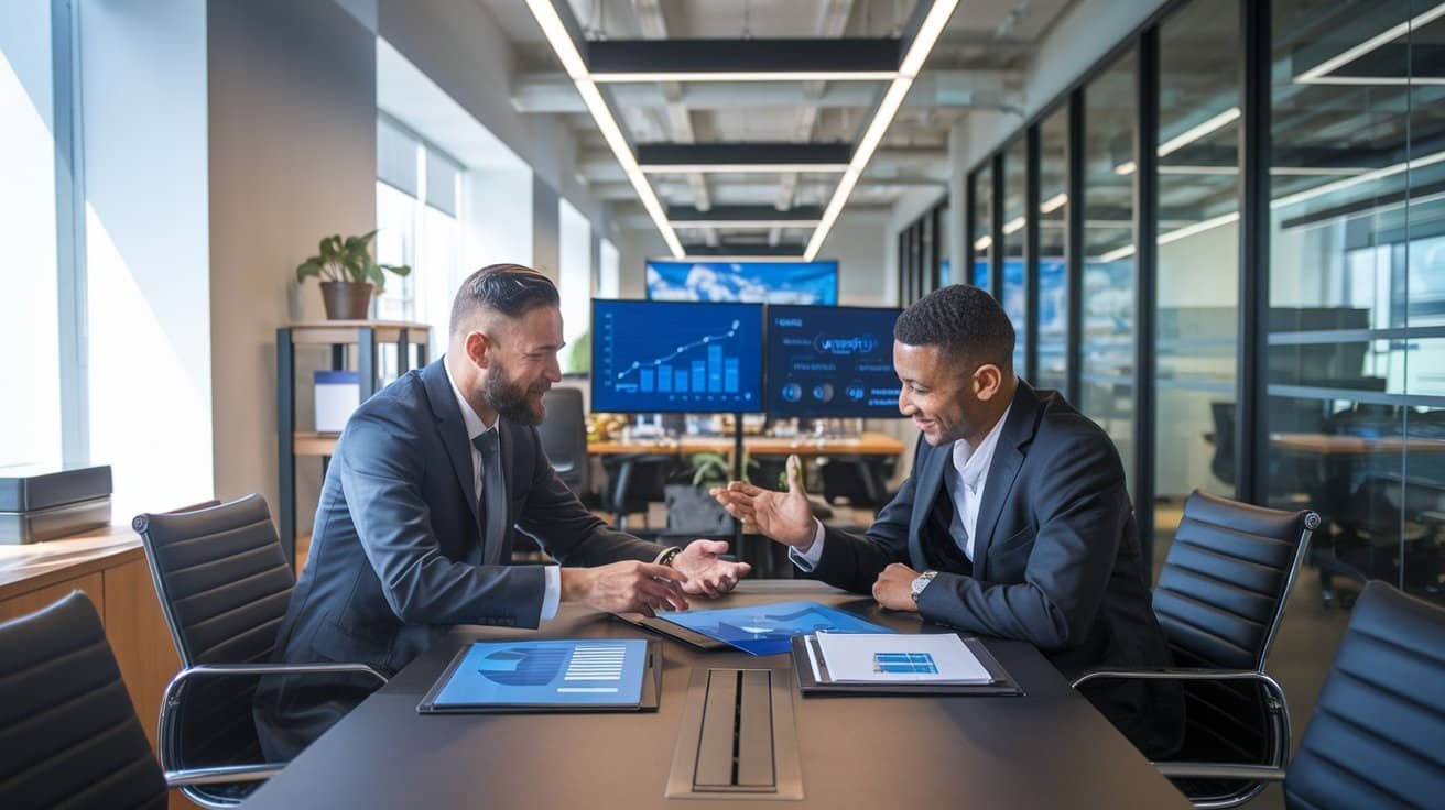 two men wearing suit in an office