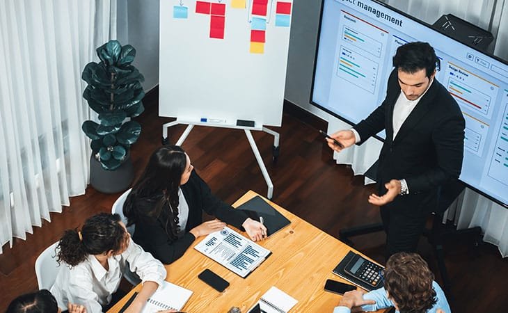 a meeting with business people in an office