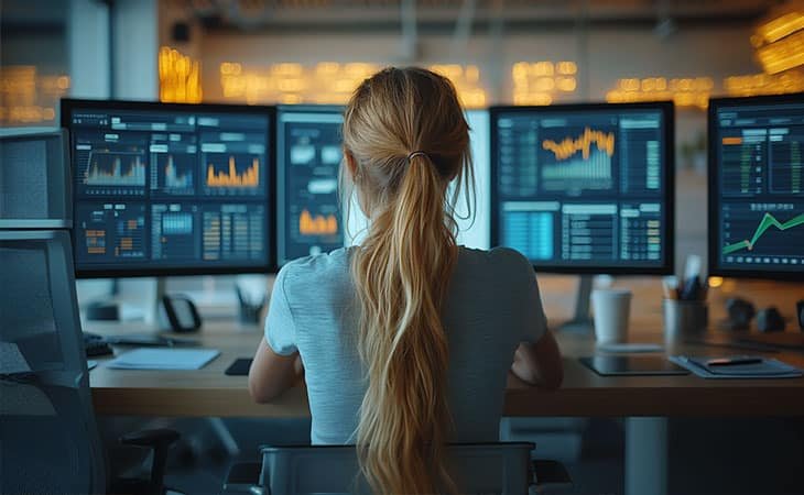 a woman from behind working looking at computer screens