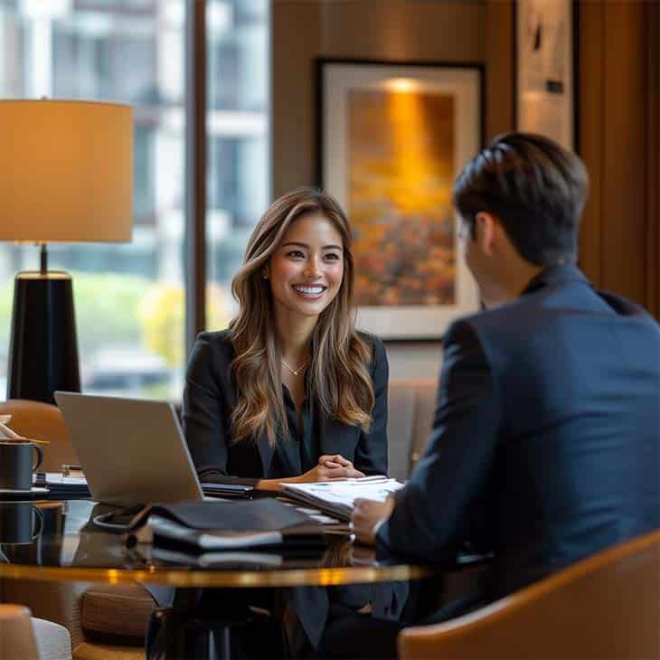 a woman interviewing a man in the office