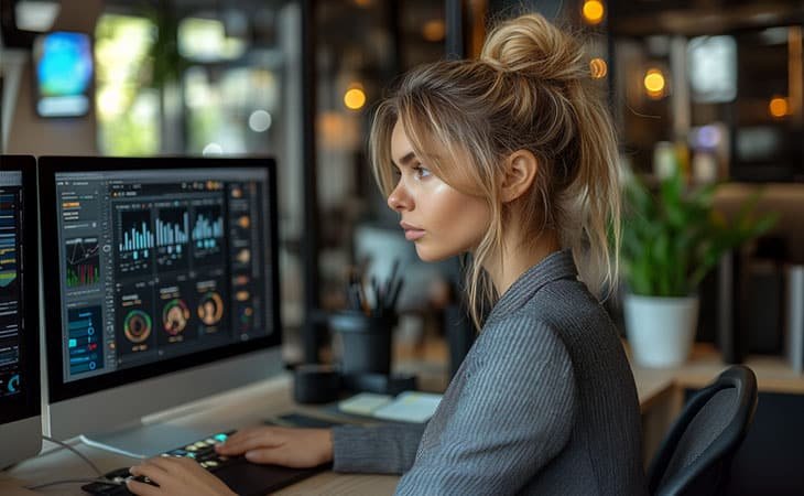 focused woman working on the computer