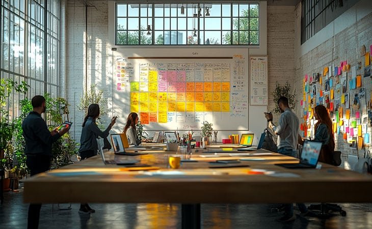 people having a meeting in an office with papers on the wall