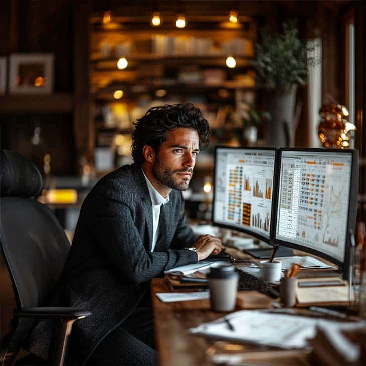 thoughtful businessman looking at screens