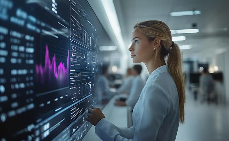 woman looking at a screen with graphs in a wall